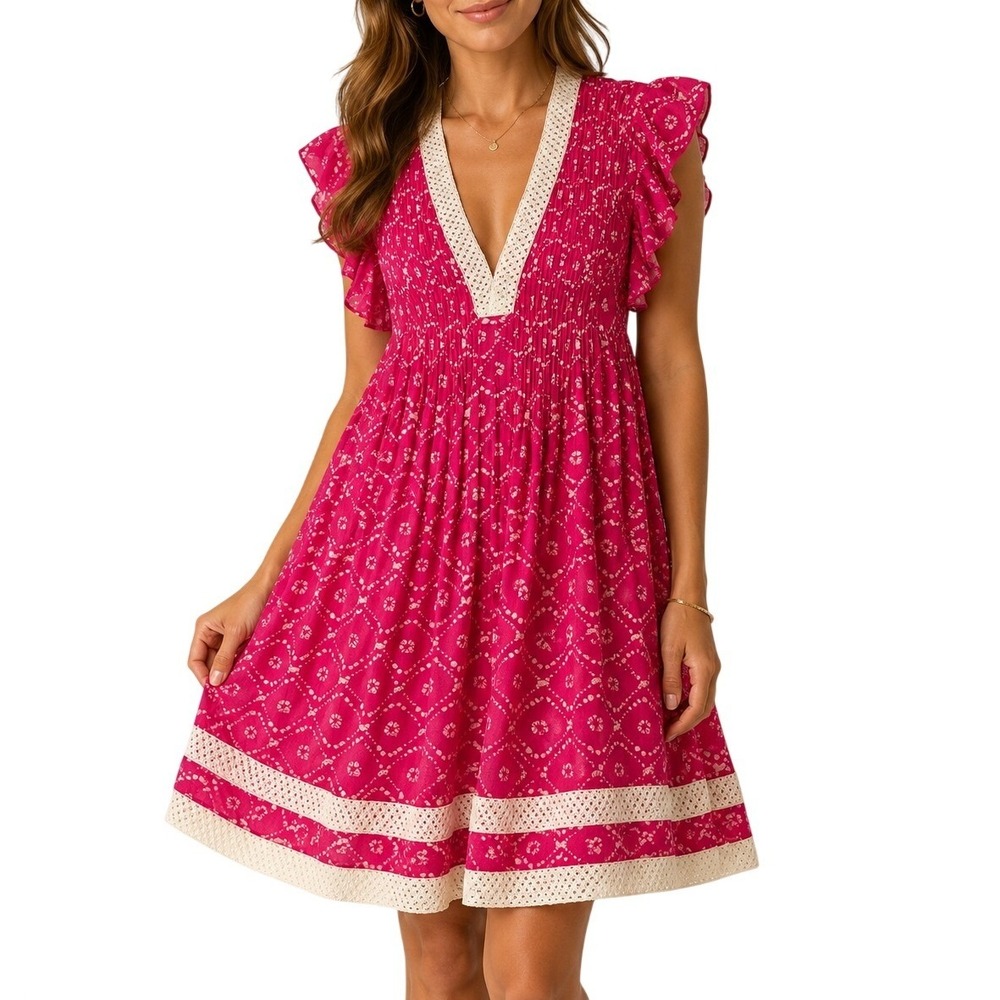 NavyBleu Eden Dress Pink Crochet Trim Flutter Sleeve XS Sundress Beach Coverup